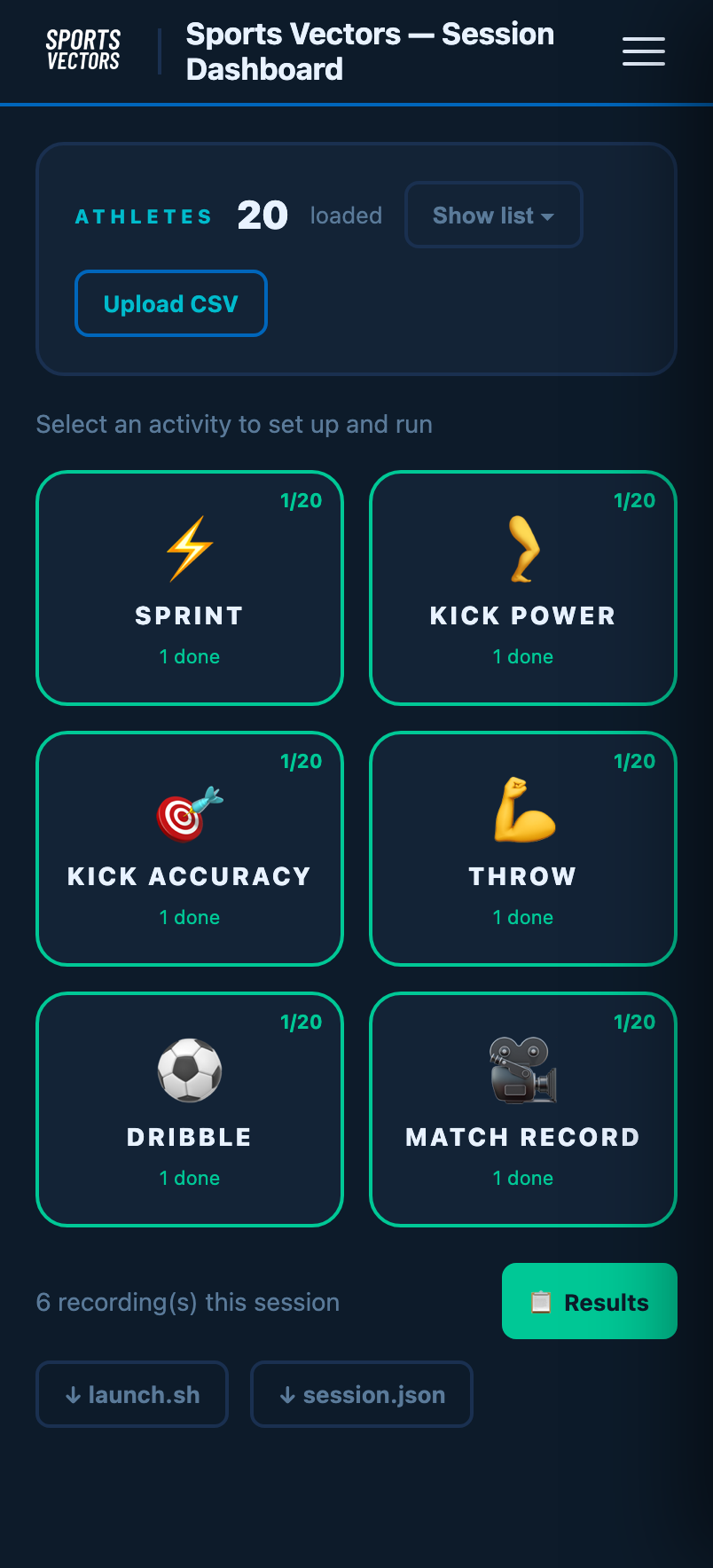 Sports Vectors app — session activity list